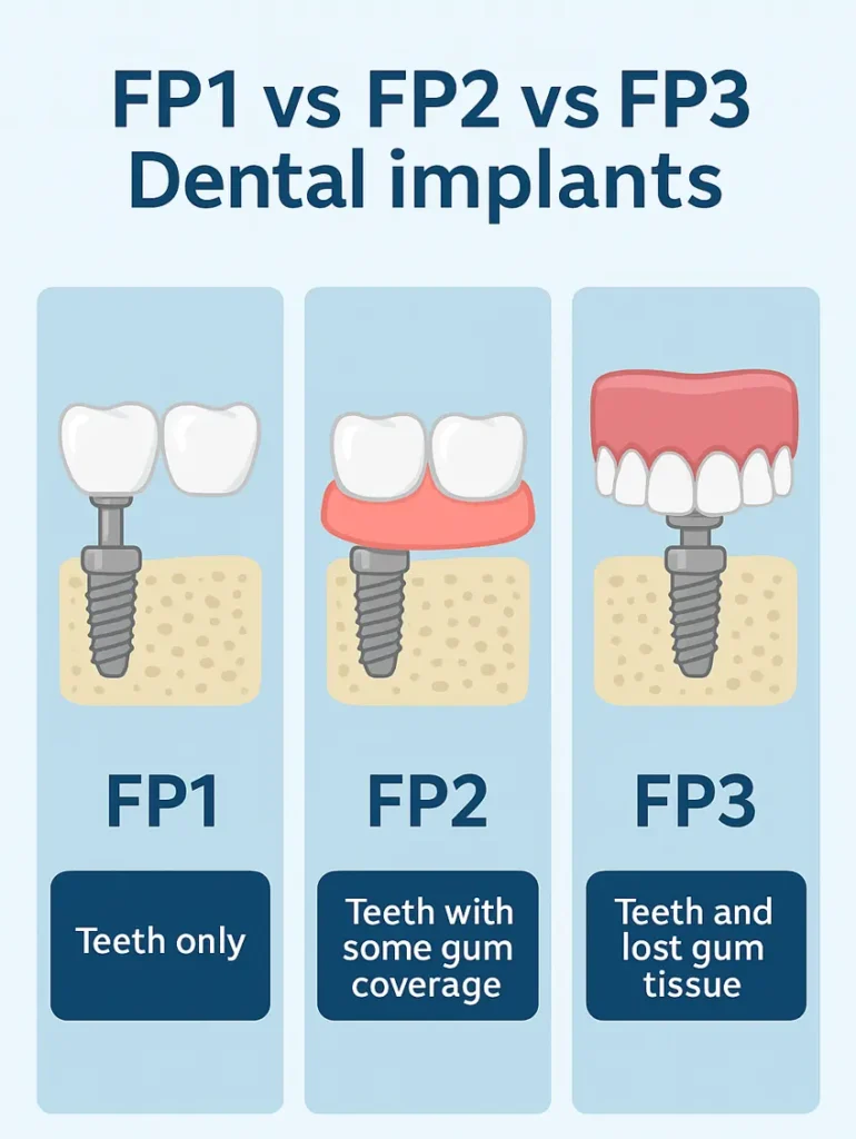 Illustrated comparison of FP1 vs FP2 vs FP3 dental implants showing differences in gum and tooth replacement—FP1 replaces teeth only, FP2 includes some gum coverage, and FP3 replaces both teeth and lost gum tissue.