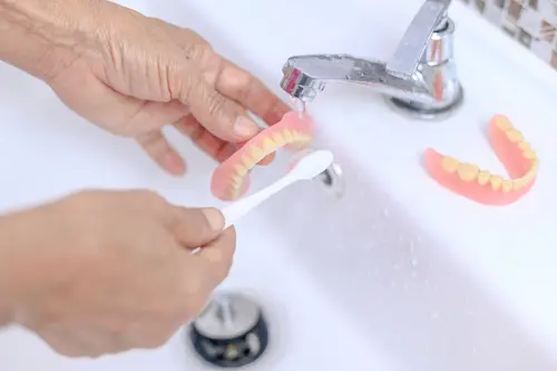 Cleaning implant dentures at sink