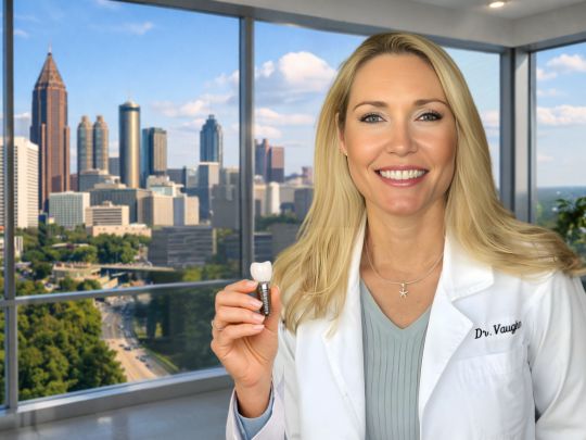 Dentist holding a dental implant with background of city skyline